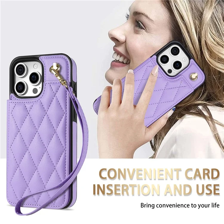 For iPhone 15 Pro Max Case with Wrist Strap Card Slots Rhombus Leather+TPU Phone Cover - Purple