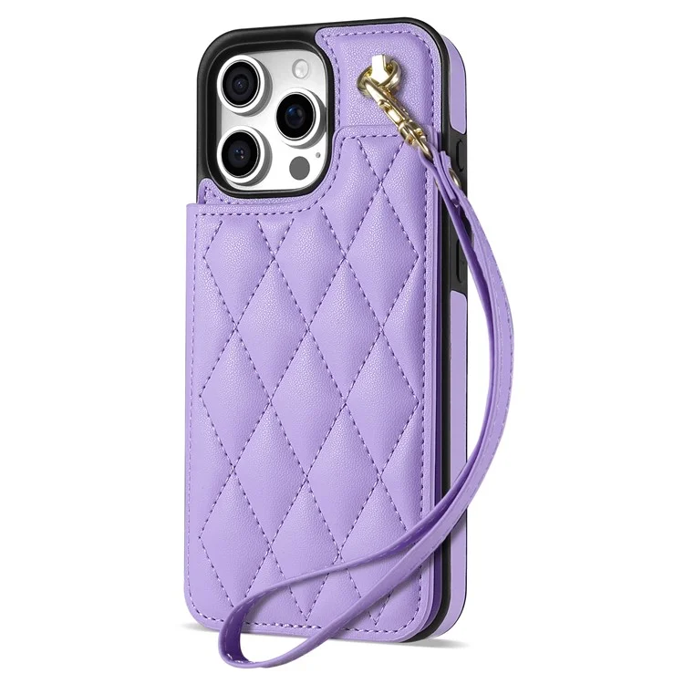 For iPhone 15 Pro Max Case with Wrist Strap Card Slots Rhombus Leather+TPU Phone Cover - Purple