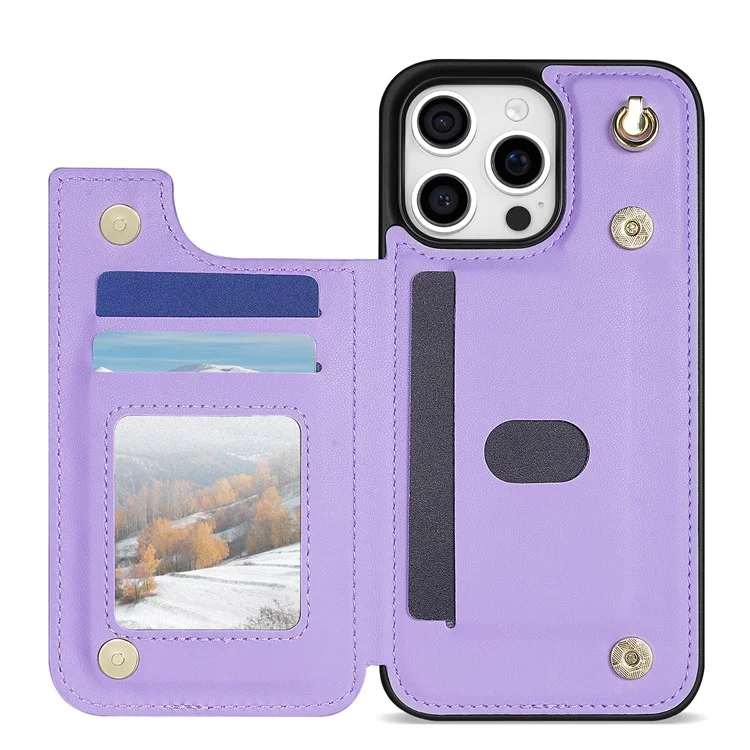 For iPhone 15 Pro Max Case with Wrist Strap Card Slots Rhombus Leather+TPU Phone Cover - Purple
