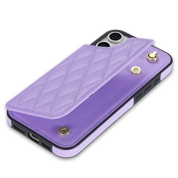 For iPhone 15 Pro Max Case with Wrist Strap Card Slots Rhombus Leather+TPU Phone Cover - Purple