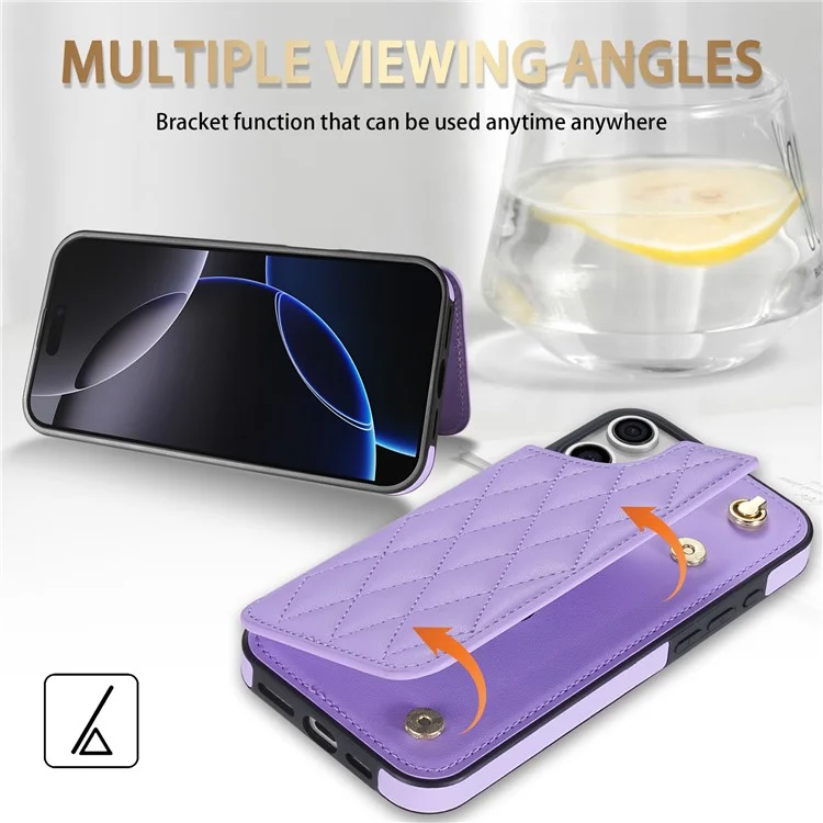 For iPhone 15 Pro Max Case with Wrist Strap Card Slots Rhombus Leather+TPU Phone Cover - Purple