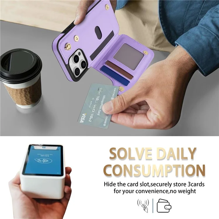 For iPhone 15 Pro Max Case with Wrist Strap Card Slots Rhombus Leather+TPU Phone Cover - Purple