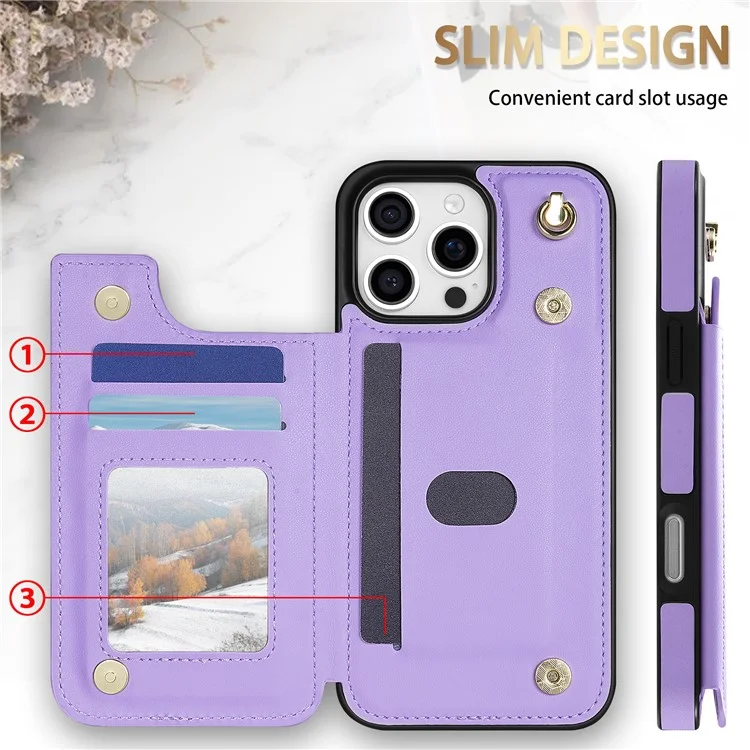 For iPhone 15 Pro Max Case with Wrist Strap Card Slots Rhombus Leather+TPU Phone Cover - Purple