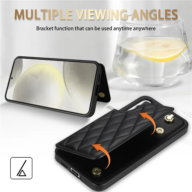 Für Samsung Galaxy S24 Hülle mit Handgelenkband, Kartenschlitzen, Rhombus-Leder + TPU-Handyhülle - Schwarz