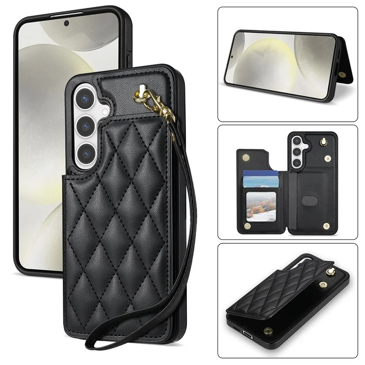 Custodia per Samsung Galaxy S24+ con cinturino da polso, slot per schede, pelle a rombo+TPU - Nero