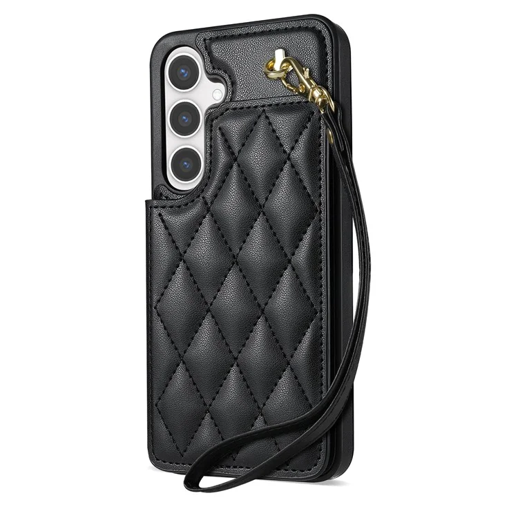 Custodia per Samsung Galaxy S24+ con cinturino da polso, slot per schede, pelle a rombo+TPU - Nero