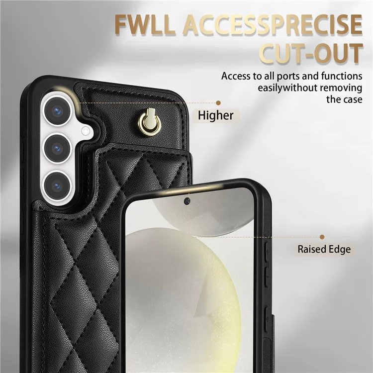 Custodia per Samsung Galaxy S24 FE con cinturino da polso, slot per schede, in pelle a rombi e TPU - Nero