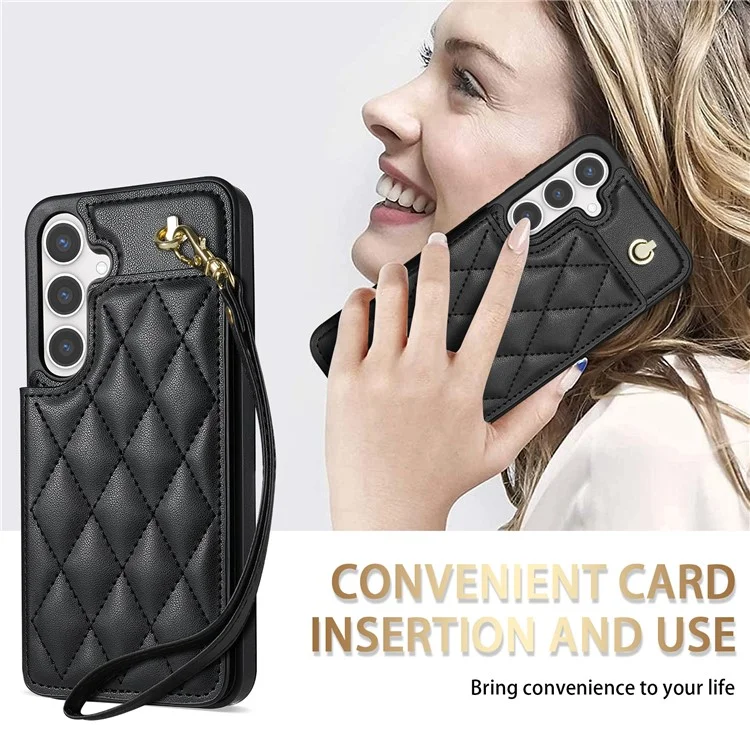 Custodia per Samsung Galaxy A55 5G con laccetto da polso, slot per schede, pelle romboidale + cover in TPU - Nero