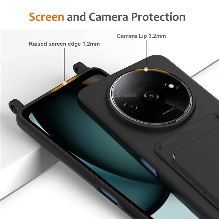 Жидкий силиконовый чехол для Xiaomi Redmi A3 4G / A3x 4G / Poco C61 4G с держателем для карт и шнурком - черный
