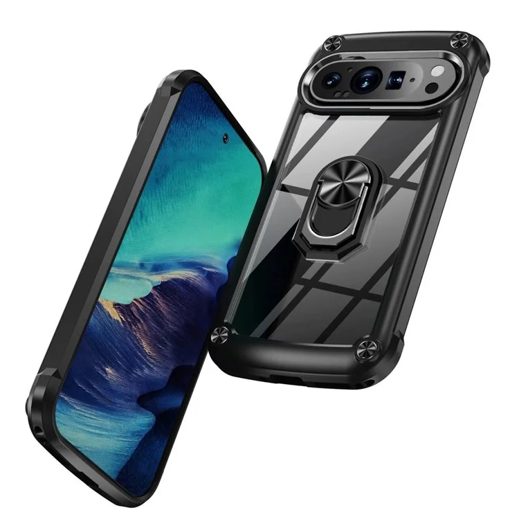 Для Google Pixel 9 Pro / Pixel 9 Чехол Alloy Lens Frame PC + TPU Kickstand Phone Back Cover - Черный