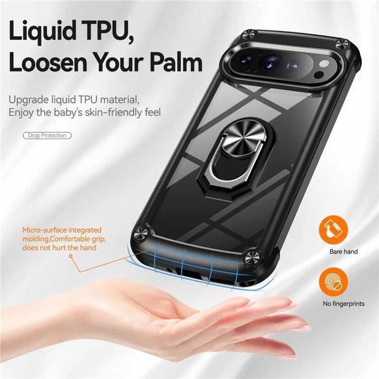 Для Google Pixel 9 Pro / Pixel 9 Чехол Alloy Lens Frame PC + TPU Kickstand Phone Back Cover - Черный