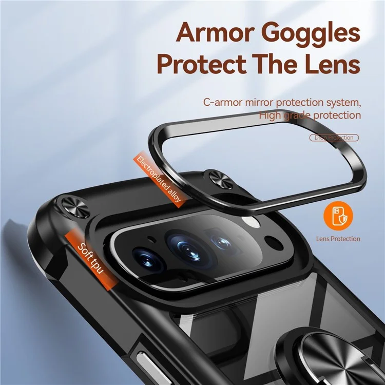 Для Google Pixel 9 Pro / Pixel 9 Чехол Alloy Lens Frame PC + TPU Kickstand Phone Back Cover - Черный