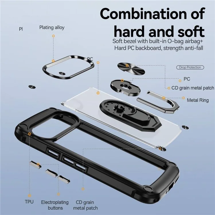 Для Google Pixel 9 Pro / Pixel 9 Чехол Alloy Lens Frame PC + TPU Kickstand Phone Back Cover - Черный