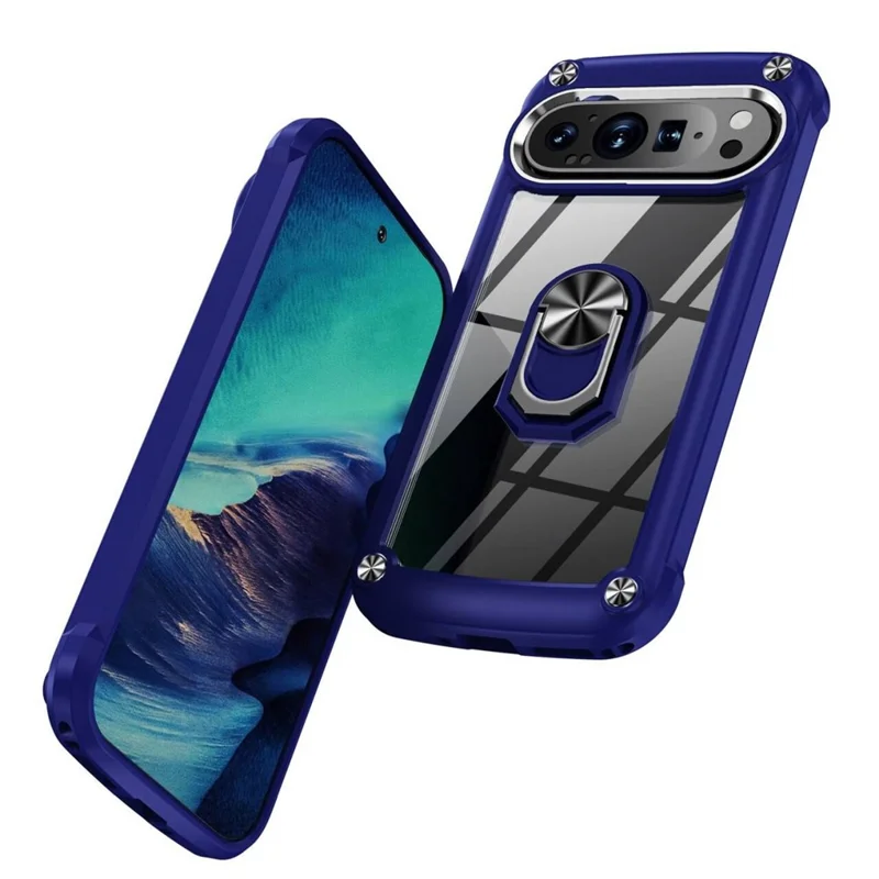 For Google Pixel 9 Pro XL Case Alloy Lens Frame PC + TPU Kickstand Phone Back Cover - Blue