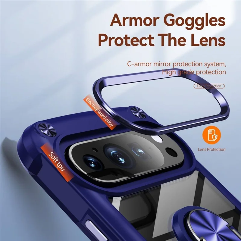 For Google Pixel 9 Pro XL Case Alloy Lens Frame PC + TPU Kickstand Phone Back Cover - Blue