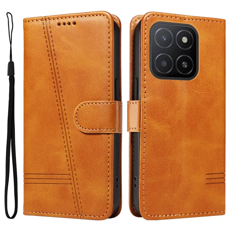 Étui portefeuille pour téléphone For Honor X5b / X5b Plus avec motif de lignes en T en cuir - Jaune
