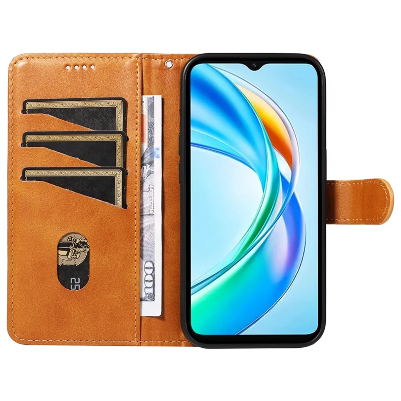 Étui portefeuille pour téléphone For Honor X5b / X5b Plus avec motif de lignes en T en cuir - Jaune