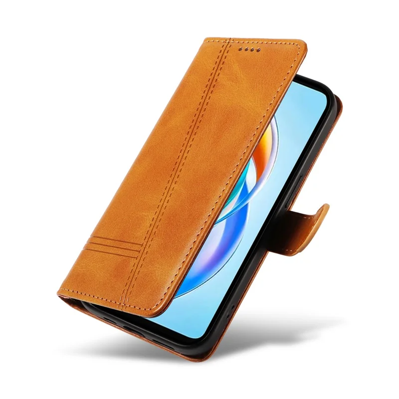 Étui portefeuille pour téléphone For Honor X5b / X5b Plus avec motif de lignes en T en cuir - Jaune