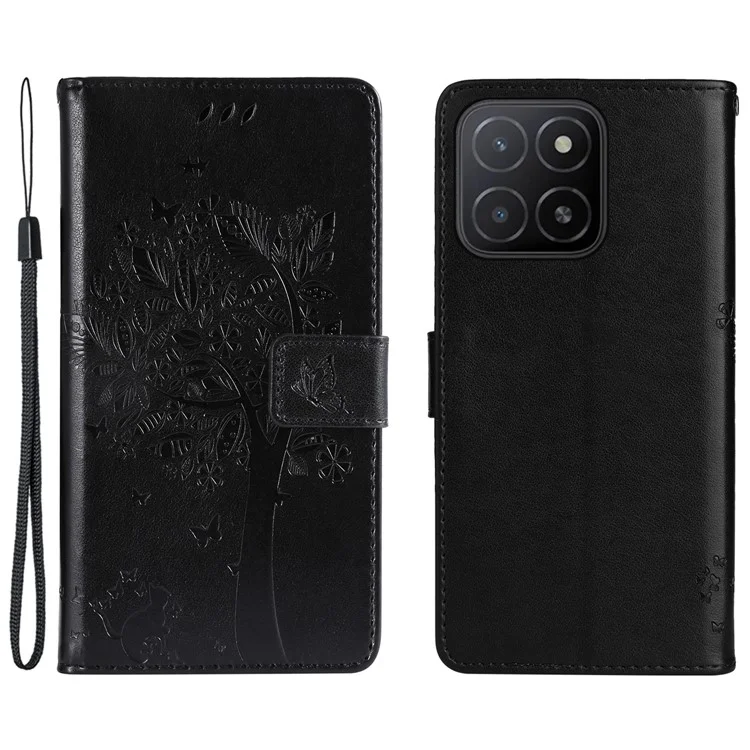 For Honor X5b / X5b Plus Phone Case with Stand Cat Tree Pattern Leather Wallet Mobile Cover - Black