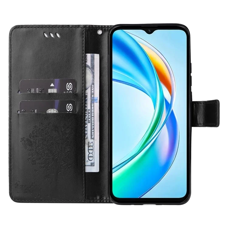 For Honor X5b / X5b Plus Phone Case with Stand Cat Tree Pattern Leather Wallet Mobile Cover - Black