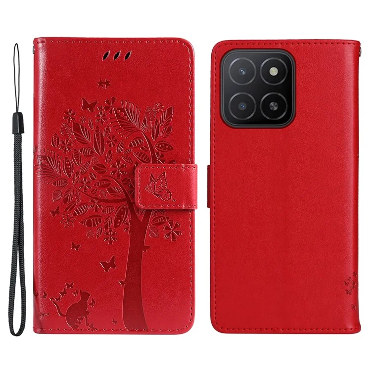 Für Honor X5b / X5b Plus Hülle Katzenbaumdesign Flip Leder Handyhülle - Rot