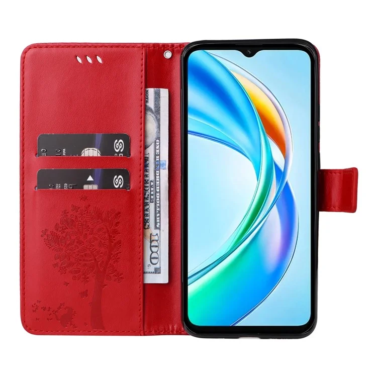Für Honor X5b / X5b Plus Hülle Katzenbaumdesign Flip Leder Handyhülle - Rot