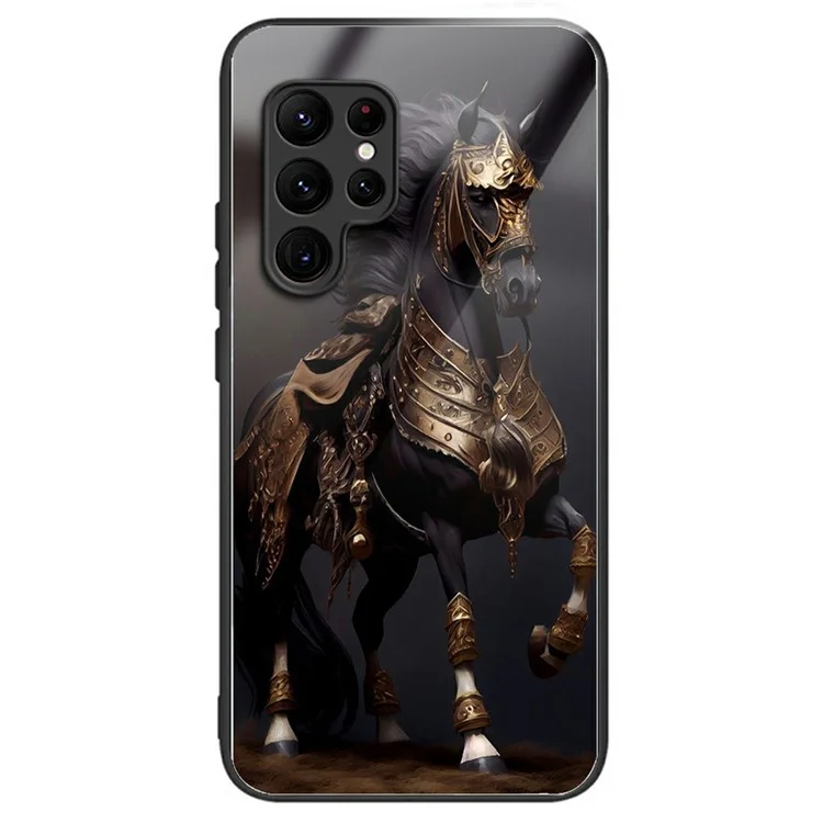 For Samsung Galaxy S25 Ultra Case Tempered Glass Back Cover with Pattern Printing - Gold Horse