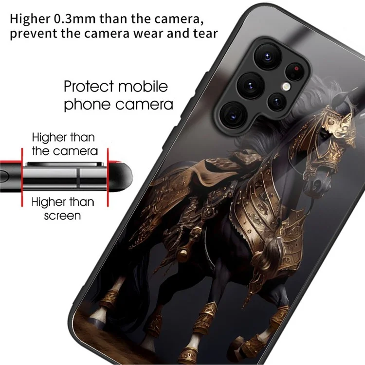 For Samsung Galaxy S25 Ultra Case Tempered Glass Back Cover with Pattern Printing - Gold Horse