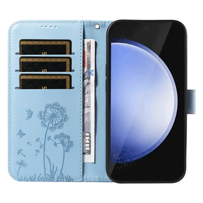 Funda de cuero para Samsung Galaxy S24 FE, cubierta de teléfono tipo cartera con estampado de diente de león - Azul cielo