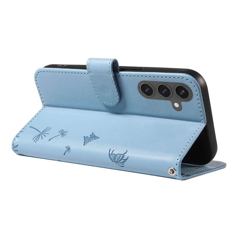 Funda de cuero para Samsung Galaxy S24 FE, cubierta de teléfono tipo cartera con estampado de diente de león - Azul cielo