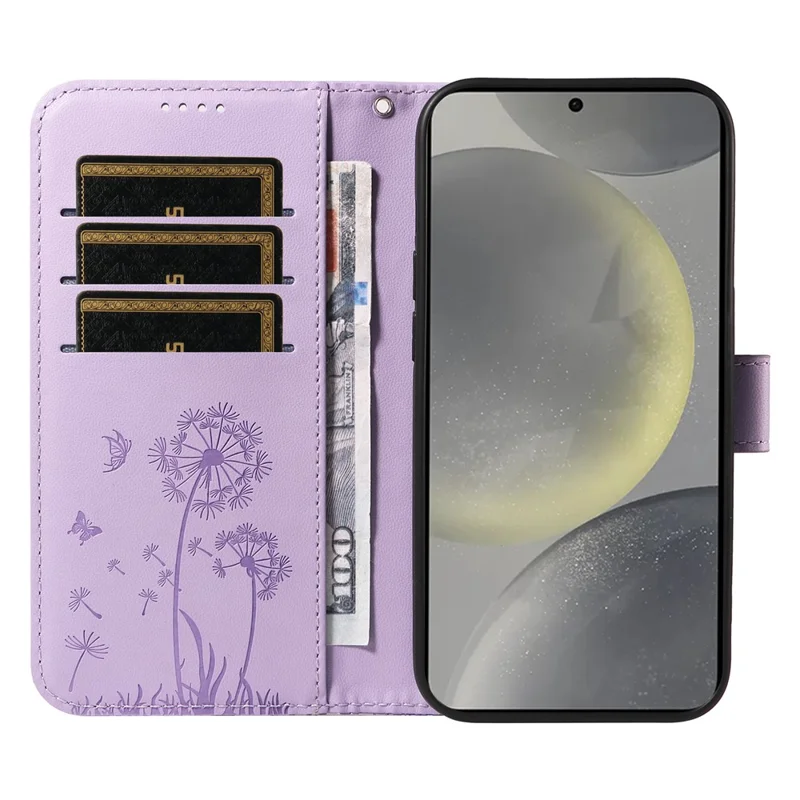 For Samsung Galaxy S25 / S24 Leather Case Wallet Phone Cover Dandelion Imprint - Purple