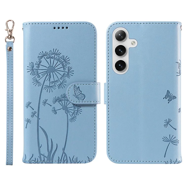 Funda de cuero tipo cartera para Samsung Galaxy S25+ / S24+, con estampado de diente de león - Azul cielo