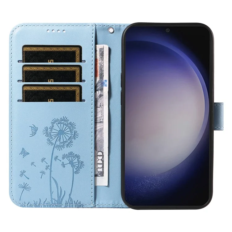 Funda de cuero tipo cartera para Samsung Galaxy S25+ / S24+, con estampado de diente de león - Azul cielo