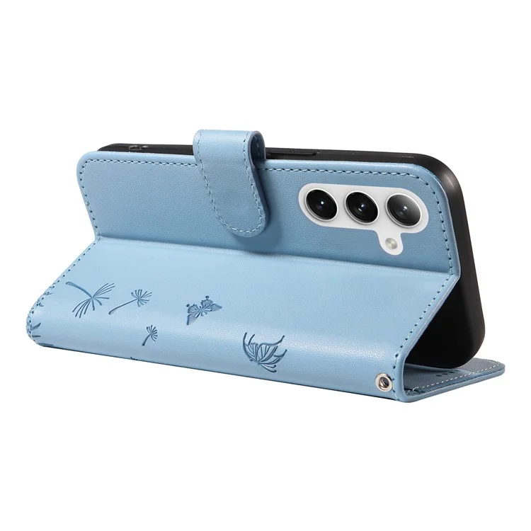Funda de cuero tipo cartera para Samsung Galaxy S25+ / S24+, con estampado de diente de león - Azul cielo