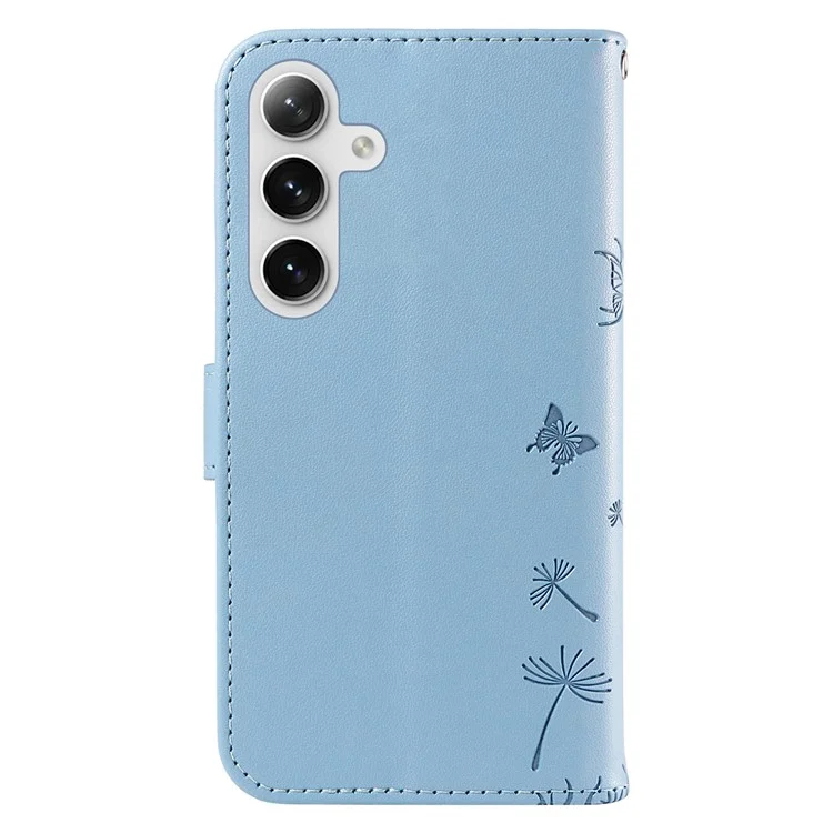 Funda de cuero tipo cartera para Samsung Galaxy S25+ / S24+, con estampado de diente de león - Azul cielo