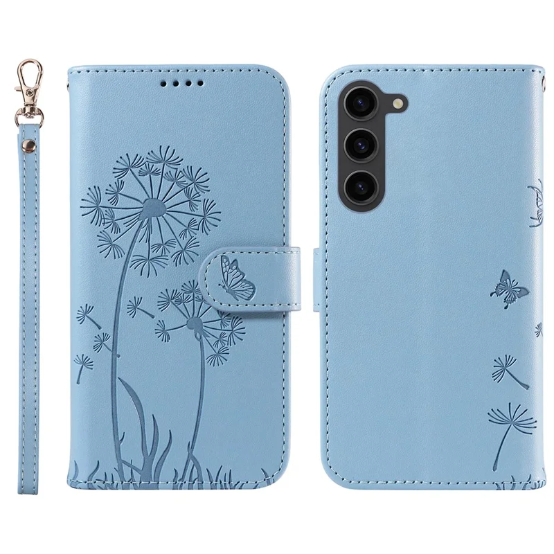 For Samsung Galaxy S23+ Leather Case Wallet Phone Cover Dandelion Imprint - Sky Blue
