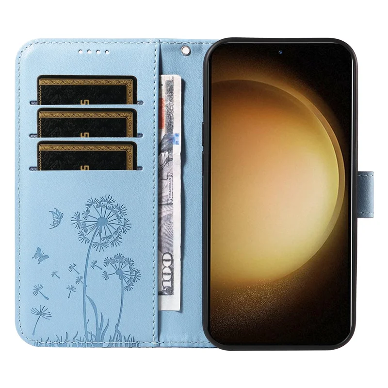For Samsung Galaxy S23+ Leather Case Wallet Phone Cover Dandelion Imprint - Sky Blue