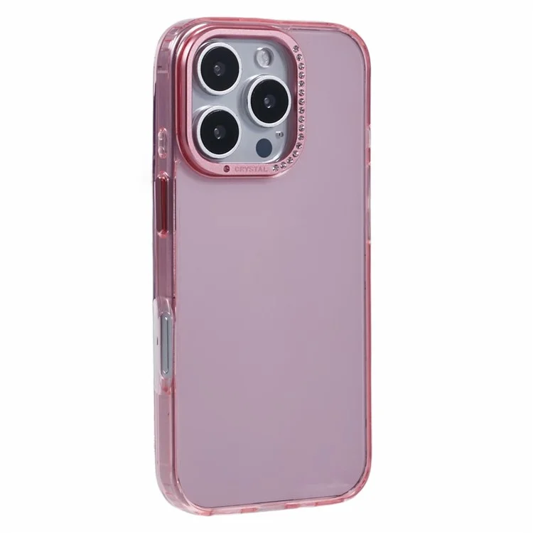 Custodia per iPhone 16 Pro in TPU+PC, cover posteriore per telefono con cornice per lente e decorazioni in strass - Rosa trasparente