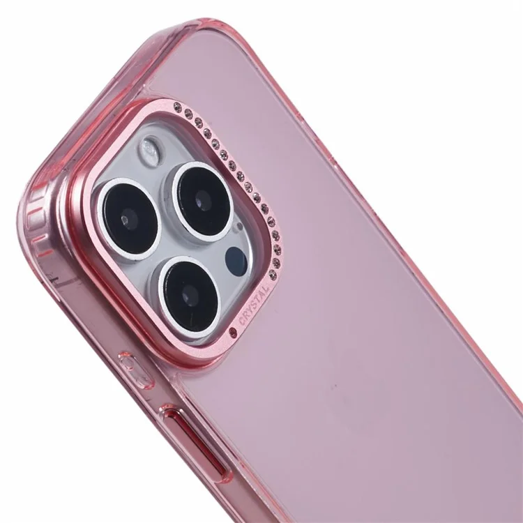 Custodia per iPhone 16 Pro in TPU+PC, cover posteriore per telefono con cornice per lente e decorazioni in strass - Rosa trasparente