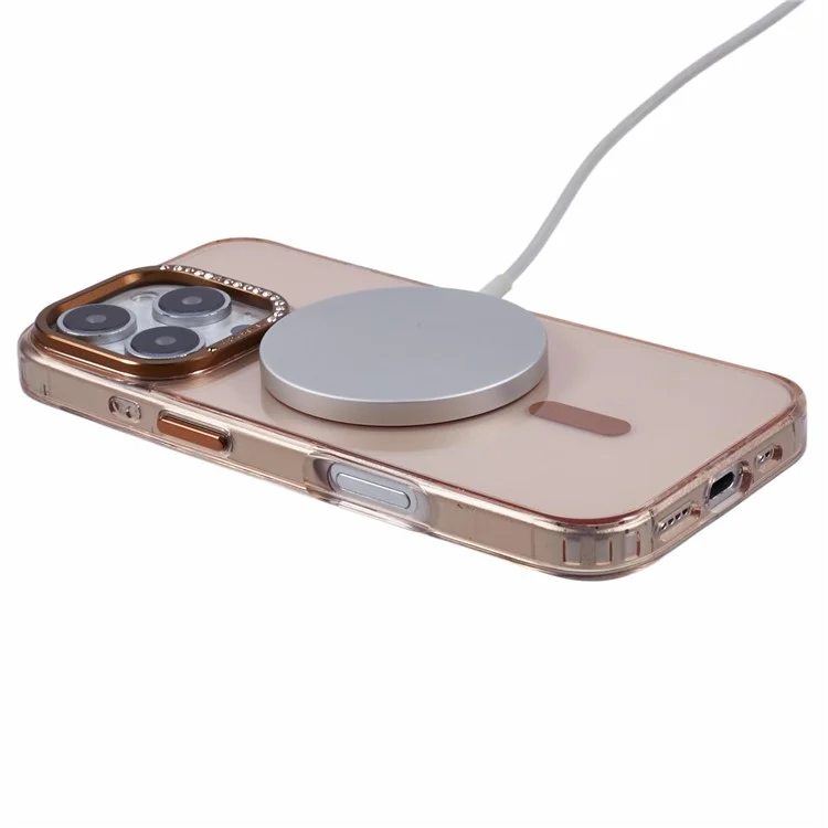 Coque compatible iPhone 16 Pro avec MagSafe, en TPU+PC, avec décoration de strass - Or transparent