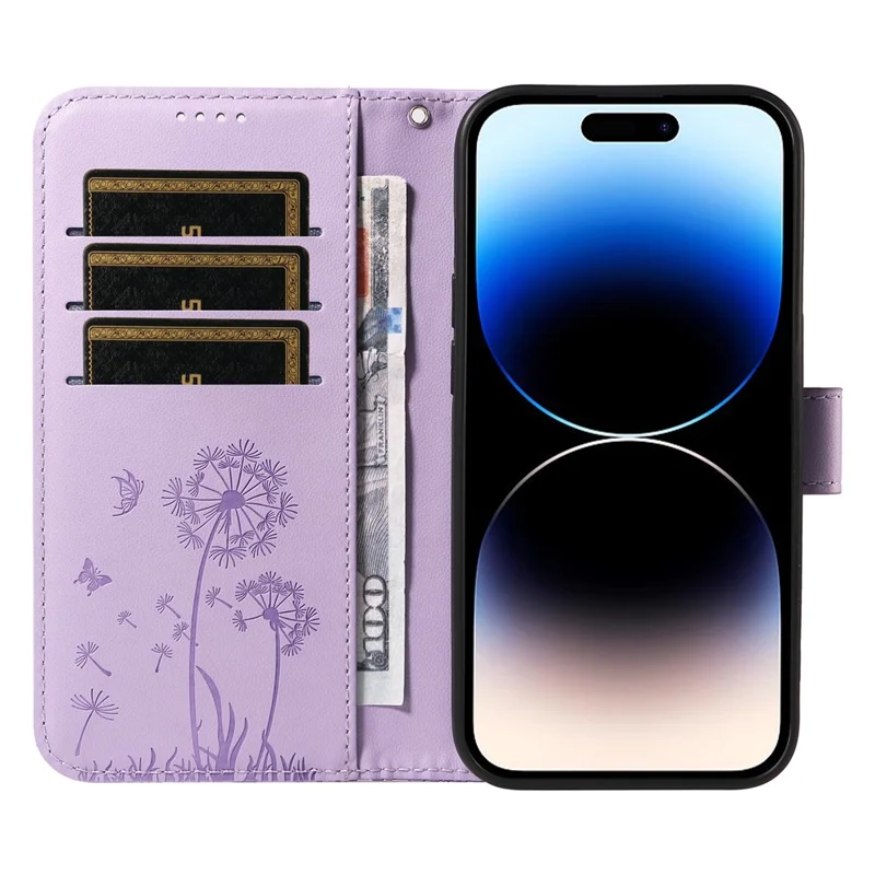 For iPhone 14 Pro Leather Case Wallet Phone Cover Dandelion Imprint - Light Purple