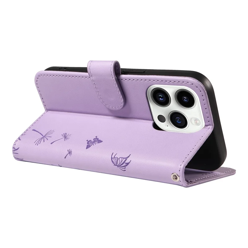 For iPhone 14 Pro Leather Case Wallet Phone Cover Dandelion Imprint - Light Purple