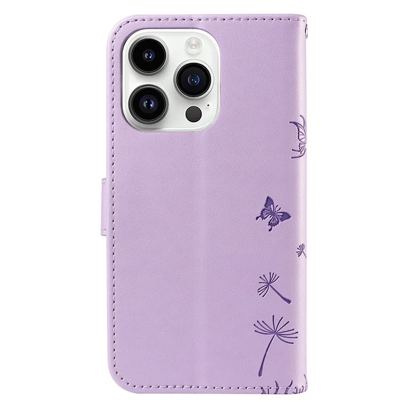 For iPhone 14 Pro Leather Case Wallet Phone Cover Dandelion Imprint - Light Purple
