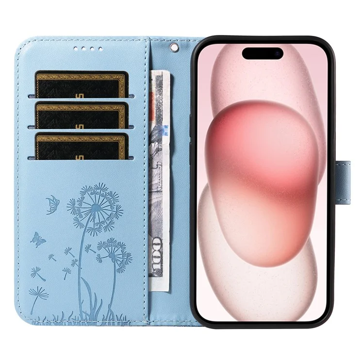 For iPhone 15 Leather Case Wallet Phone Cover Dandelion Imprint - Sky Blue