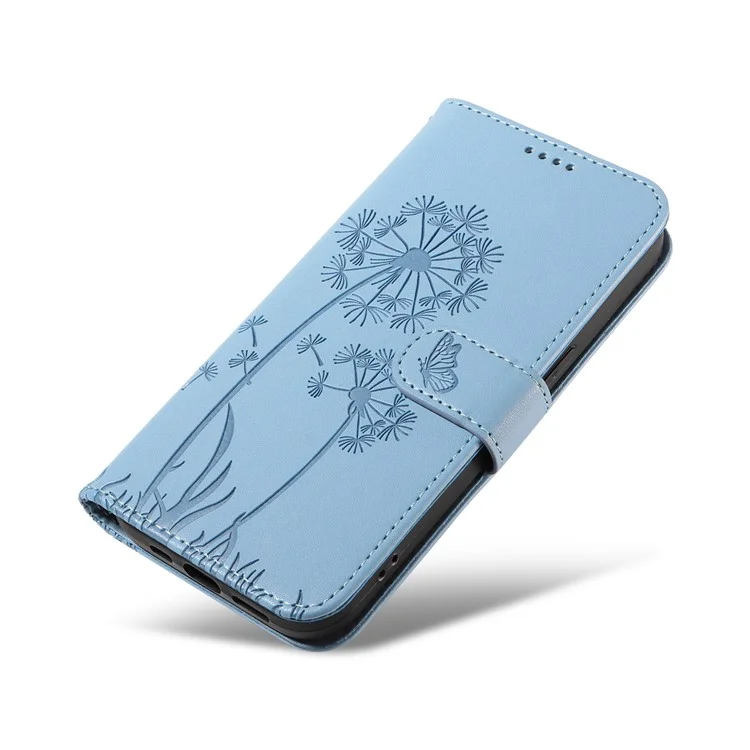 For iPhone 15 Leather Case Wallet Phone Cover Dandelion Imprint - Sky Blue