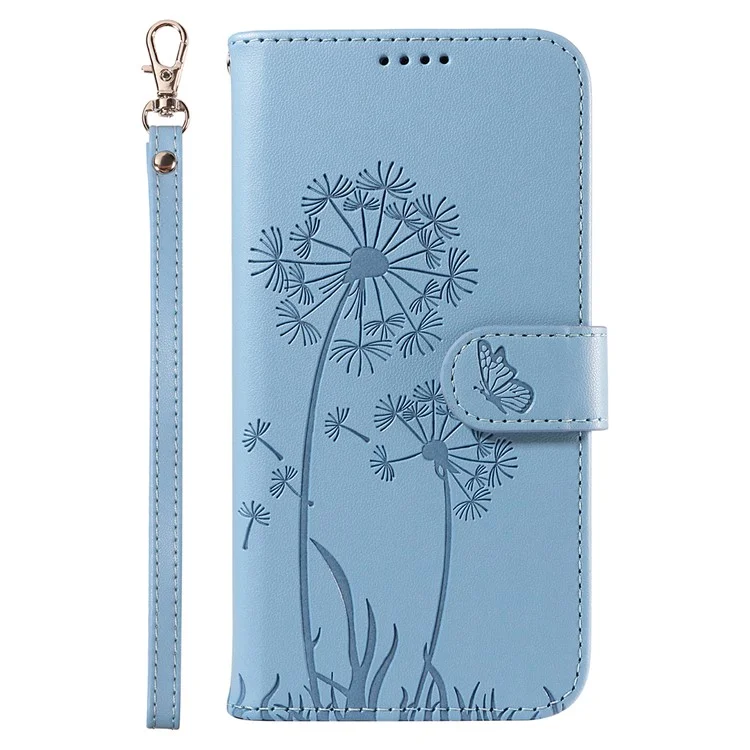 For iPhone 15 Leather Case Wallet Phone Cover Dandelion Imprint - Sky Blue