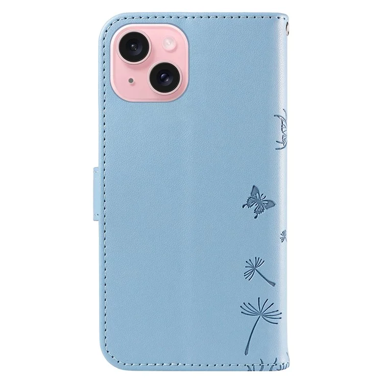 For iPhone 15 Leather Case Wallet Phone Cover Dandelion Imprint - Sky Blue