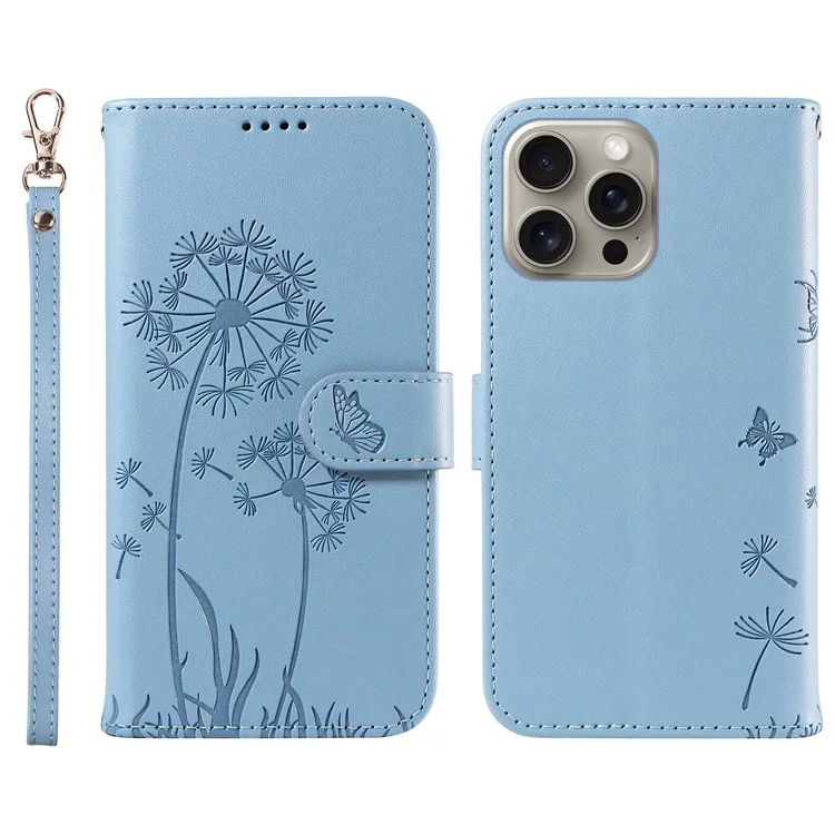 Für iPhone 15 Pro Lederhülle Brieftasche Handyhülle Löwenzahn-Prägung - Himmelblau