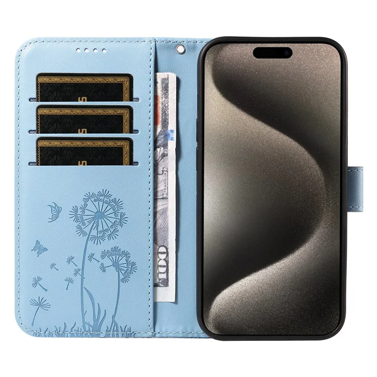 Für iPhone 15 Pro Lederhülle Brieftasche Handyhülle Löwenzahn-Prägung - Himmelblau