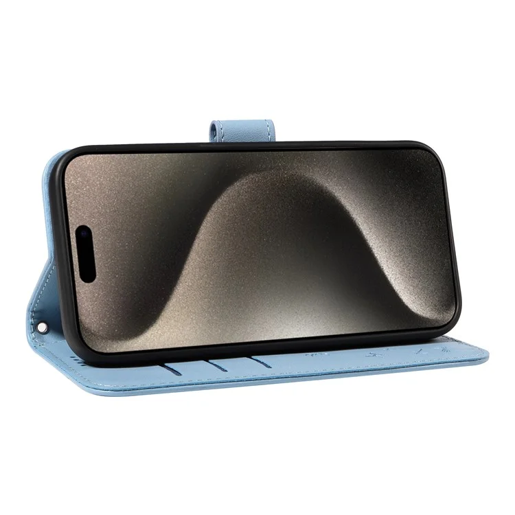 Für iPhone 15 Pro Lederhülle Brieftasche Handyhülle Löwenzahn-Prägung - Himmelblau